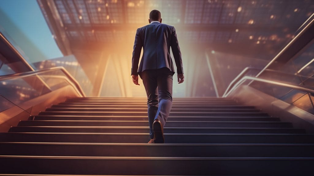 a man walking up stairs into his financial advisor career path