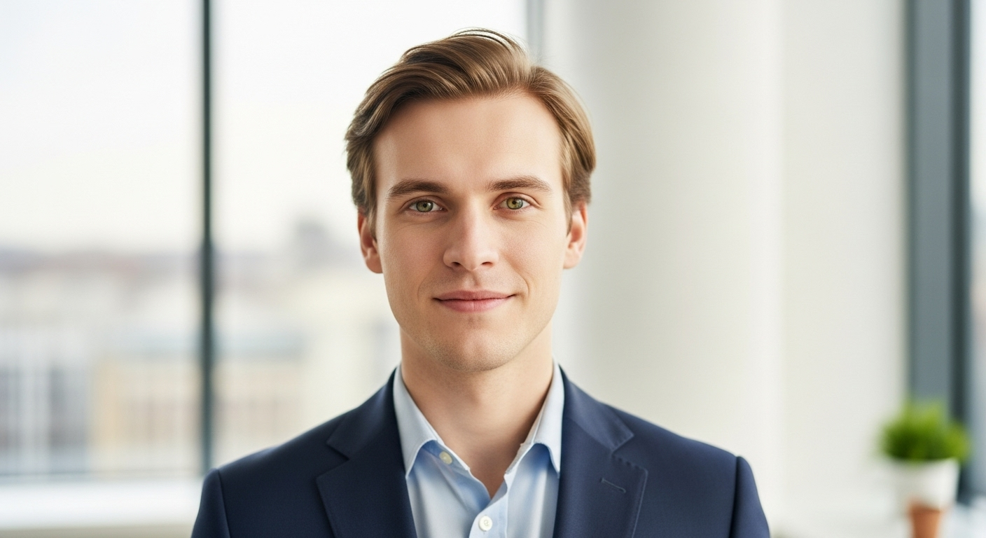 Man with blonde hair in a blue suit in an office in front of windows with buildings in the background