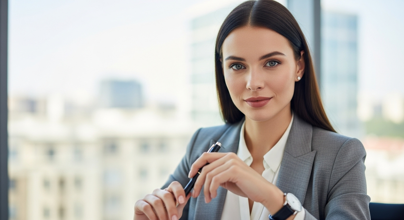 Women with dark brown hair in a gray suit with a white shirt holding a pen in an office in front of windows with buildings in the background 